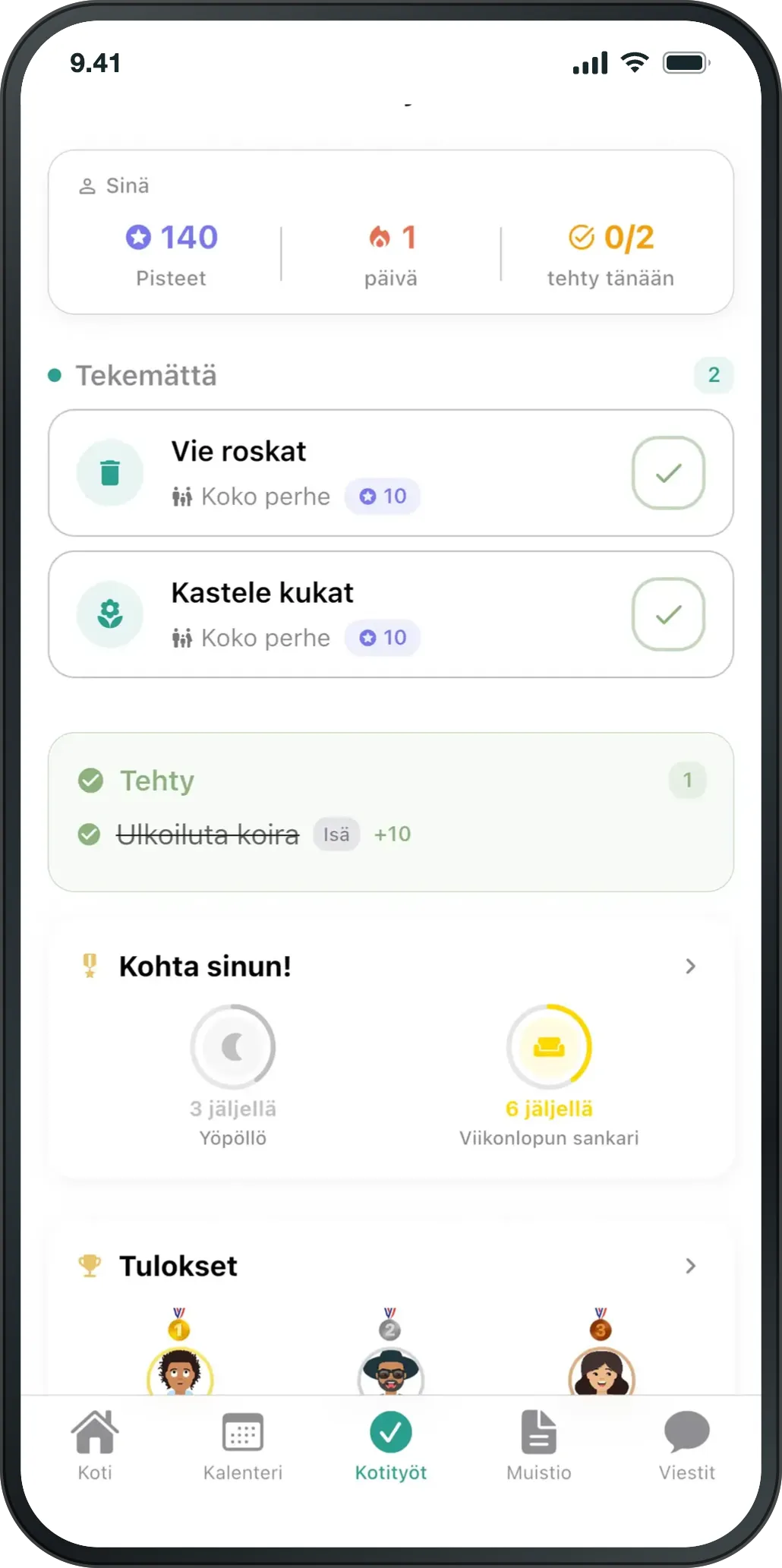 Kotityöt-näkymä: tekemättömät ja tehdyt työt sekä kertyneet pisteet.