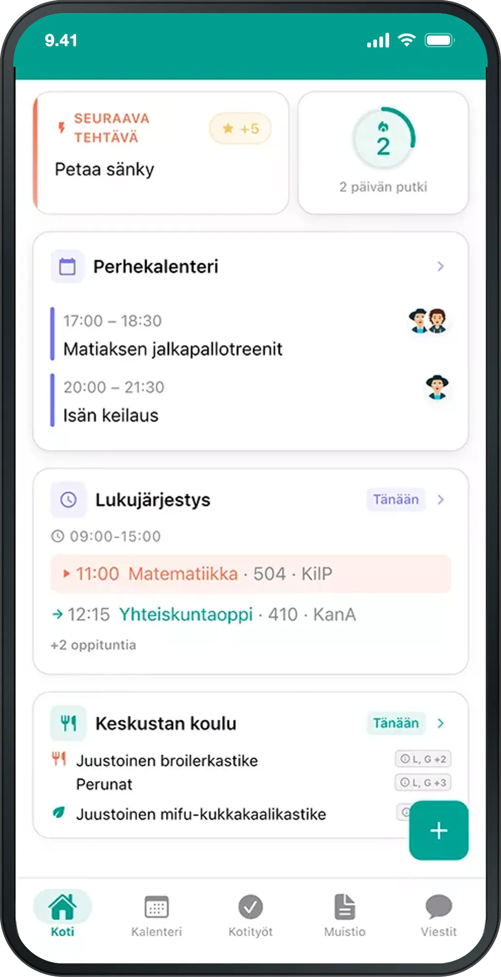 Kotinäkymä, jossa näkyvät päivän kalenteri, lukujärjestys ja Keskustan koulun ruokalista.