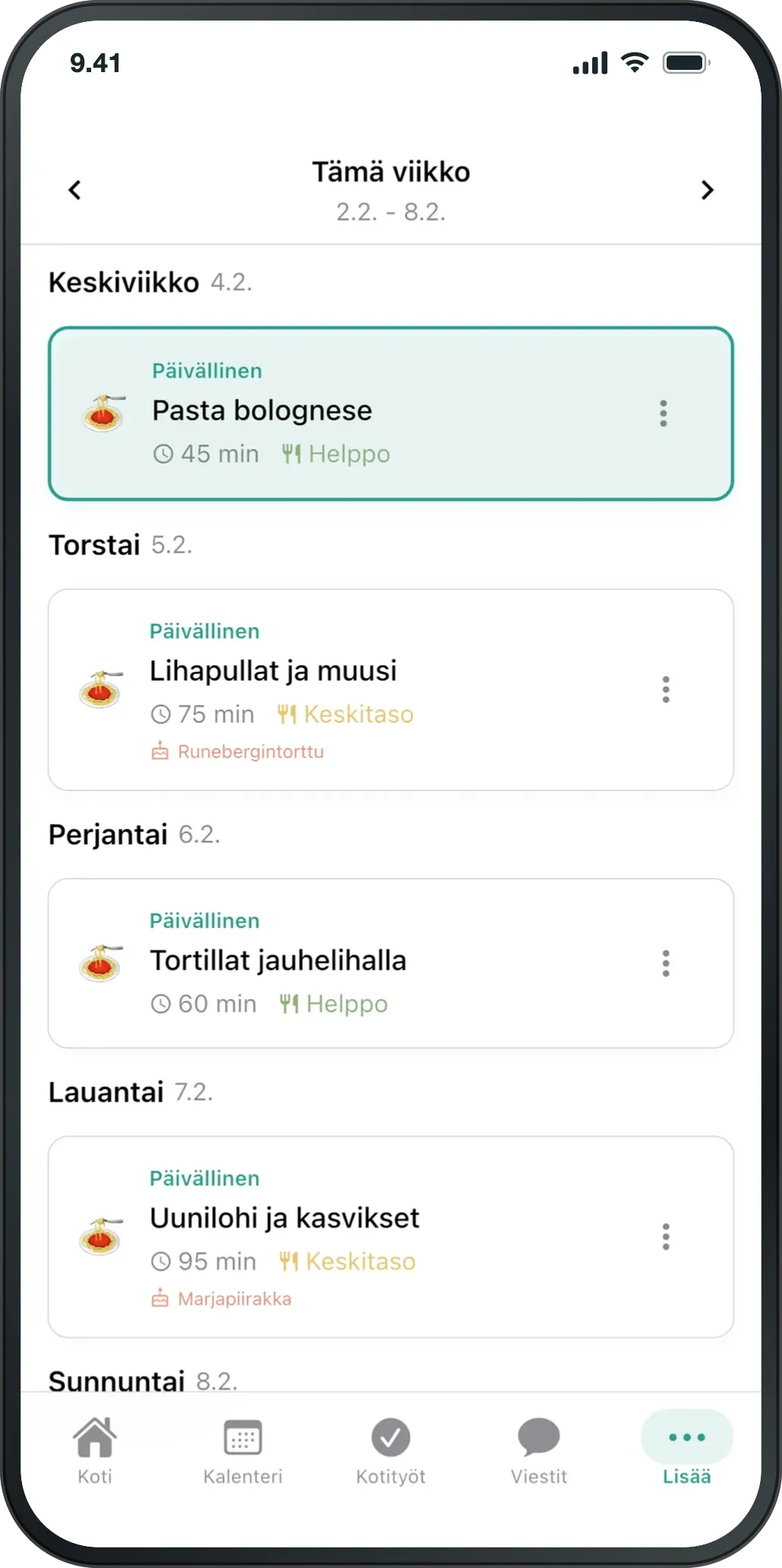 Perheen ruokalista viikolle: pasta bolognese, lihapullat ja muusi, tortillat jauhelihalla.